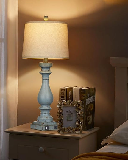29" Tall Table Lamp for living room set of 2,Coastal Bedside Nightstand Lamps with USB C+A Ports & AC Outlet,3-Way Dimmable Touch Control Retro Blue Desk Lamp for Bedroom,color 3 - LeafyLoom