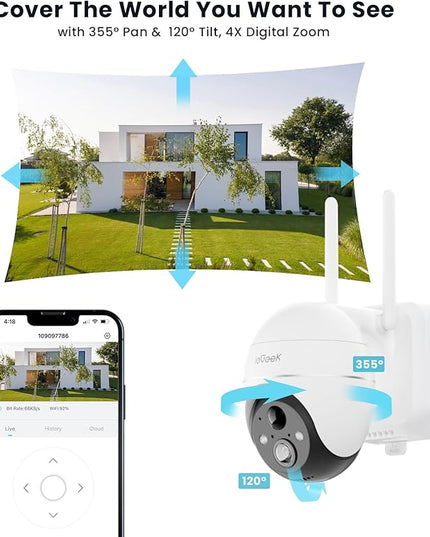ieGeek 5MP Security Cameras Wireless Outside, Solar Camera Outdoor Wireless WiFi 360° PTZ Battery Powered with Spotlight & Siren/Motion Detection/Color Night Vision/2-Way Audio/IP65, Works with Alexa ieGeek