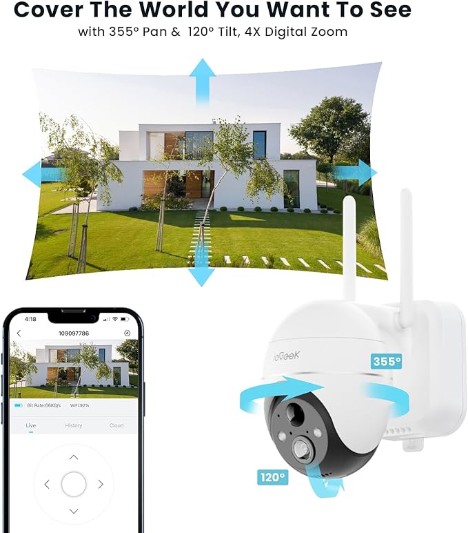 ieGeek 5MP Security Cameras Wireless Outside, Solar Camera Outdoor Wireless WiFi 360° PTZ Battery Powered with Spotlight & Siren/Motion Detection/Color Night Vision/2-Way Audio/IP65, Works with Alexa ieGeek