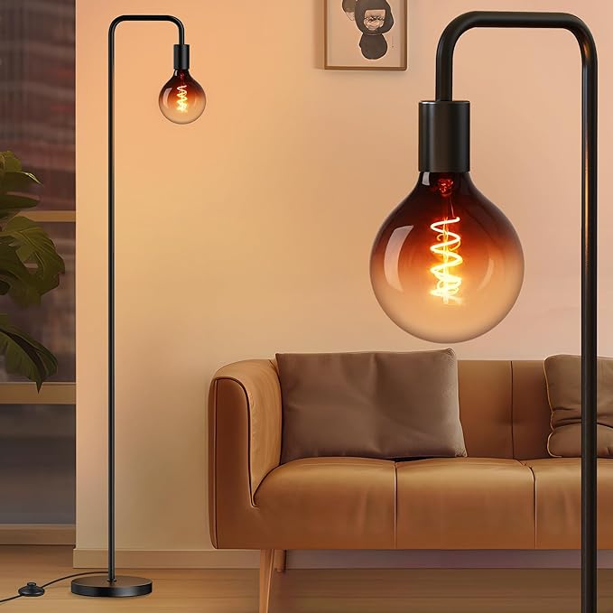 QiMH Floor Lamp for Living Room, Modern Industrial Standing Lamp with 8W LED Bulb, Clear Glass Globe 5", 2200K Warm Light Lighting 67" Minimalist Tall Floor Lamps for Bedroom Office Decor, Black - LeafyLoom