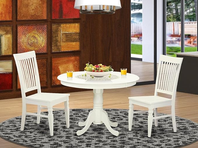 East West Furniture Hartland 3 Piece Dinette Set for Small Spaces Contains a Round Table with Pedestal and 2 Kitchen Dining Chairs, 42x42 Inch, Linen White - LeafyLoom