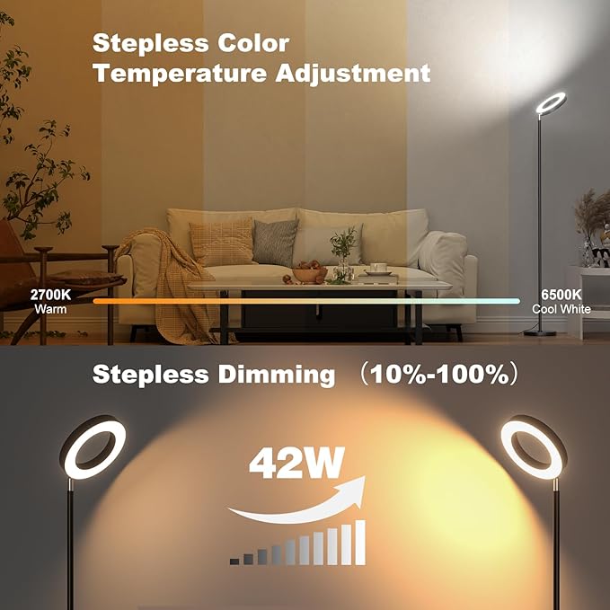 Dual-Sided RGBCW Floor Lamp, 42W 2800LM Bright Dimmable LED Standing Lamp with Remote Control, 350° Rotatable Head, Modern Color Changing Tall Lamps for Living Room Bedroom Studio Office Gaming Garage - LeafyLoom