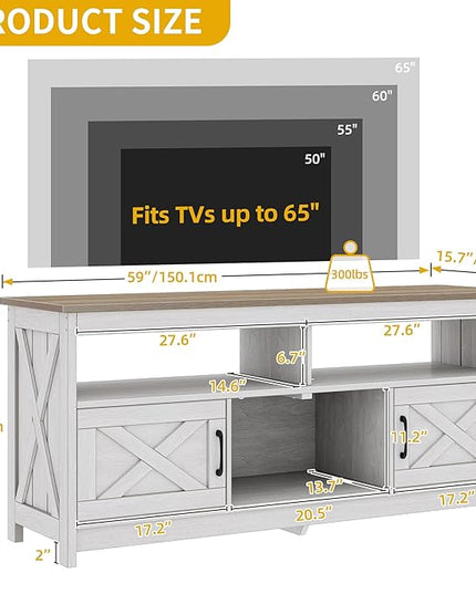 DWVO Farmhouse TV Console, TV Stand with Power Outlets for TVs up to 65 Inch, Entertainment Center Mid Century Modern TV Cabinet, Rustic Media Console Table for Living Room, Grey White/Grey Wash - LeafyLoom