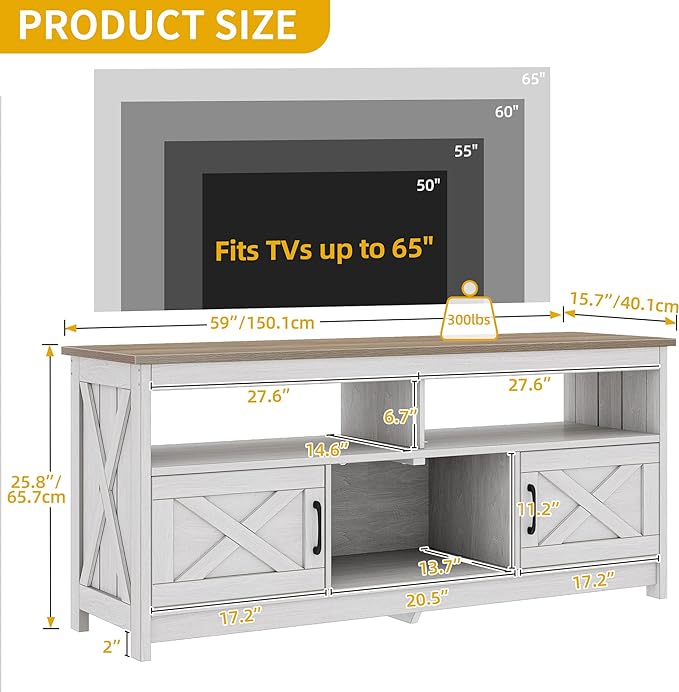 DWVO Farmhouse TV Console, TV Stand with Power Outlets for TVs up to 65 Inch, Entertainment Center Mid Century Modern TV Cabinet, Rustic Media Console Table for Living Room, Grey White/Grey Wash - LeafyLoom