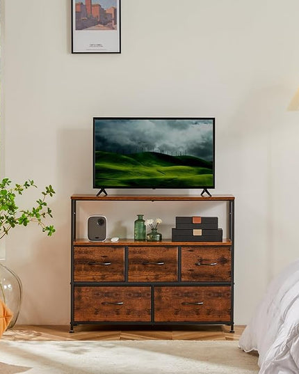 ANTONIA TV Stand Dresser for Bedroom with 5 Fabric Drawer, Entertainment Center for 45 inch Television, Media Console Table with Storage, Open Shelf, Adjustable Feet, Living Room Furniture, Brown - LeafyLoom
