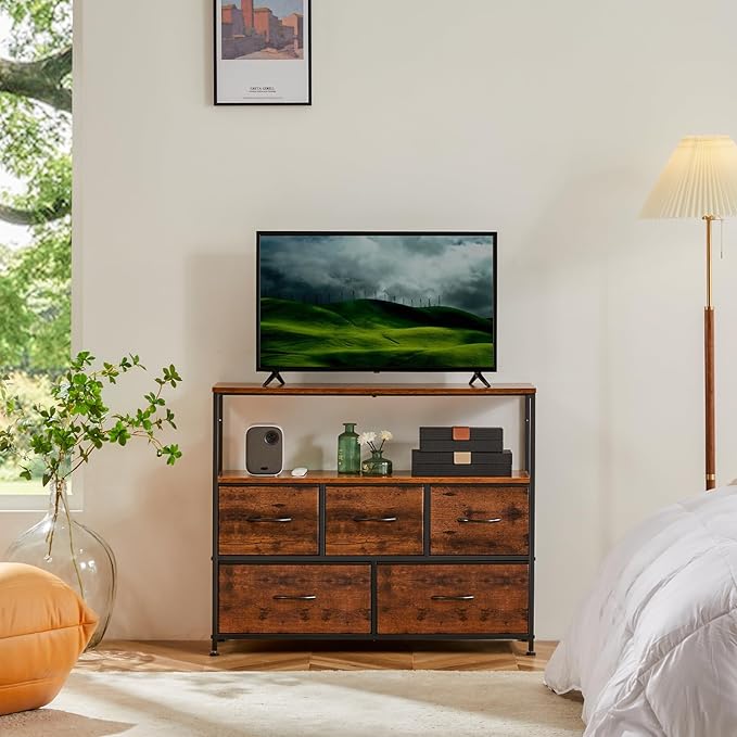 ANTONIA TV Stand Dresser for Bedroom with 5 Fabric Drawer, Entertainment Center for 45 inch Television, Media Console Table with Storage, Open Shelf, Adjustable Feet, Living Room Furniture, Brown - LeafyLoom