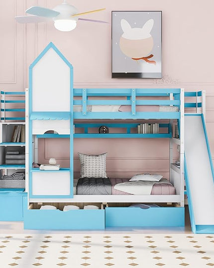 Twin Bunk Bed Castle with Slide, Stairs with Storage, Two Drawers, Solid Wood Bunkbeds Frame w/Shelves and Staircase, for Kids/Teens/Boys/Girls Bedroom, Blue - LeafyLoom