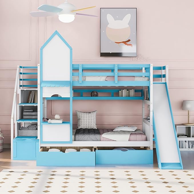 Twin Bunk Bed Castle with Slide, Stairs with Storage, Two Drawers, Solid Wood Bunkbeds Frame w/Shelves and Staircase, for Kids/Teens/Boys/Girls Bedroom, Blue - LeafyLoom