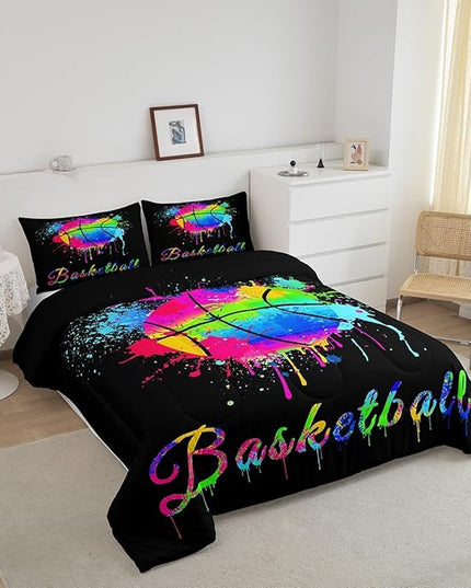 Feelyou Kids Basketball Comforter Set Queen Size Gaming Sports Bedding Set for Boys Girls Teens Bedroom Decor Ball Games Tie Dye Comforter Gift for Basketball Lover Duvet Set with 2 Pillow Case - LeafyLoom