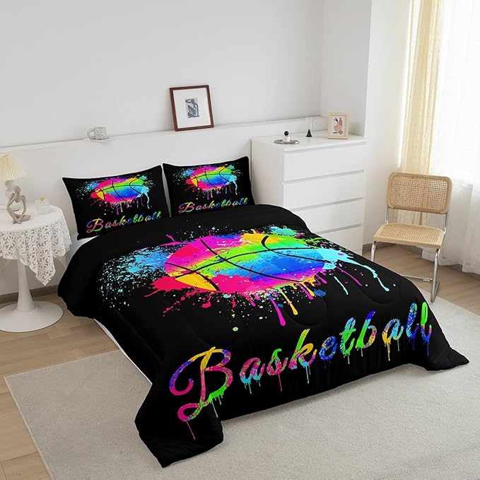 Feelyou Kids Basketball Comforter Set Queen Size Gaming Sports Bedding Set for Boys Girls Teens Bedroom Decor Ball Games Tie Dye Comforter Gift for Basketball Lover Duvet Set with 2 Pillow Case - LeafyLoom