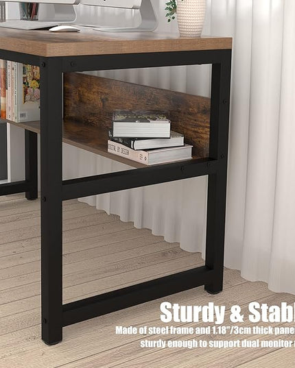 TOPSKY Computer Desk with Bookshelf/Metal Hole Cable Cover 1.18" Thick Desk (55", Rustic Brown) - LeafyLoom