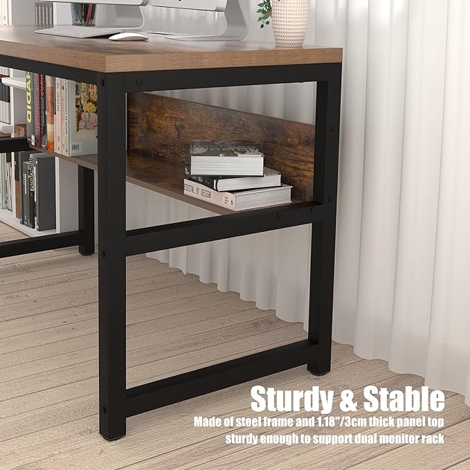 TOPSKY Computer Desk with Bookshelf/Metal Hole Cable Cover 1.18" Thick Desk (55", Rustic Brown) - LeafyLoom