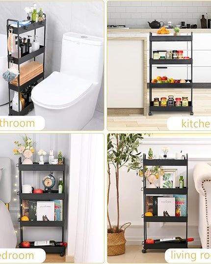 Arogan Slim Rolling Storage Cart with Wheels, 4 Tier Bathroom Storage Cart Laundry Room Organizer, Rolling Utility Cart for Kitchen, Bathroom, Laundry Room, Office, Narrow Place(Black) - LeafyLoom