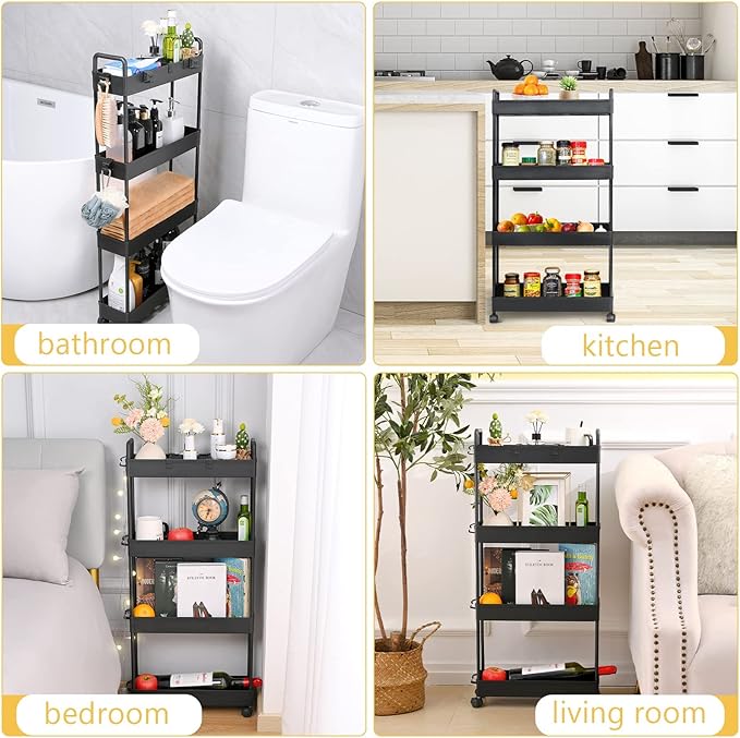 Arogan Slim Rolling Storage Cart with Wheels, 4 Tier Bathroom Storage Cart Laundry Room Organizer, Rolling Utility Cart for Kitchen, Bathroom, Laundry Room, Office, Narrow Place(Black) - LeafyLoom