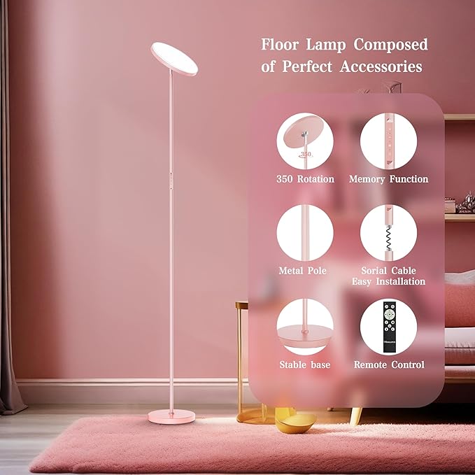 OHLUX Pink Floor Lamp, 32W/2500LM Super Bright Dimmable Sky LED Modern Torchiere Standing Lamp, LED Floor Reading Lamp with 4 Color Temperatures, Remote Touch Control, 1 Hour Timer for Living Room - LeafyLoom