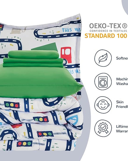 SLEEP ZONE Kids Bedding Comforter Set Full/Queen Size - Super Cute & Soft Kids Bedding 7 Pieces Set with Comforter, Sheet, Pillowcase & Sham (Road Trip, Full/Queen) - LeafyLoom