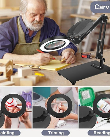 Magnifying Glass with Light with Base Controler, 5 Color Modes Stepless Dimmable LED Lighted Desk Lamp,Magnifying Glass with Light and Stand, Hands-Free Desk Magnifier Light for Craft Hobby Painting - LeafyLoom