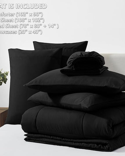 CozyLux King Size Comforter Set - 7 Pieces Bed in a Bag Set Black, King Bedding Set with All Season Quilted Comforter, Flat Sheet, Fitted Sheet, Pillowcases - LeafyLoom