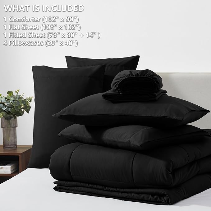 CozyLux King Size Comforter Set - 7 Pieces Bed in a Bag Set Black, King Bedding Set with All Season Quilted Comforter, Flat Sheet, Fitted Sheet, Pillowcases - LeafyLoom