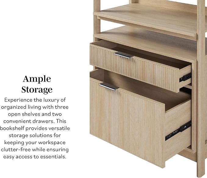 Walker Edison Modern Reeded 4-Shelf Bookshelf Bottom, 33 Inch, Two-Drawer Coastal Oak - LeafyLoom