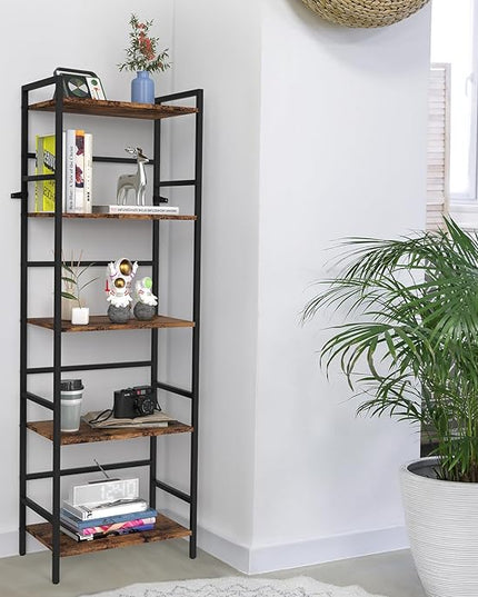 DOMYDEVM Tall Bookshelf, 5 Tier Free Standing Shelves, Wood Storage Shef Unit with Metal Frame, Brown Bookshelf for Small Spaces, Office, Living Room, Bedroom - LeafyLoom