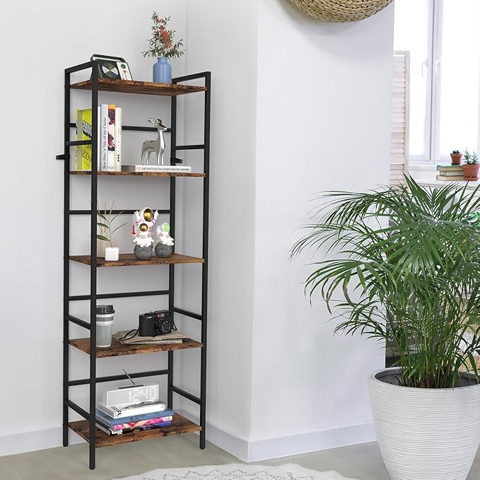 DOMYDEVM Tall Bookshelf, 5 Tier Free Standing Shelves, Wood Storage Shef Unit with Metal Frame, Brown Bookshelf for Small Spaces, Office, Living Room, Bedroom - LeafyLoom