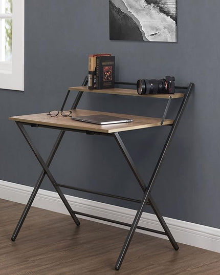33" Foldable Computer, Space-Saving Compact Writing Desk, Folding Tray Mobile Workstation with Adjustable Levels Pads, Brown - LeafyLoom