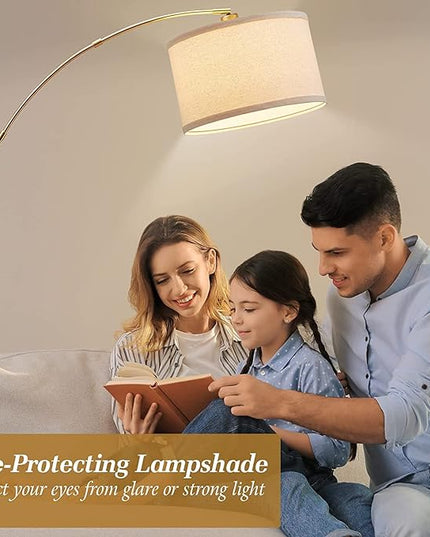 Arc Floor Lamps for Living Room, Gold Modern Floor Lamp, Tall Pole Lamp with Foot Switch, Adjustable Hanging Drum Shade, Over Couch Arched Reading Light for Bedroom, Office, LED Bulb Not Include - LeafyLoom