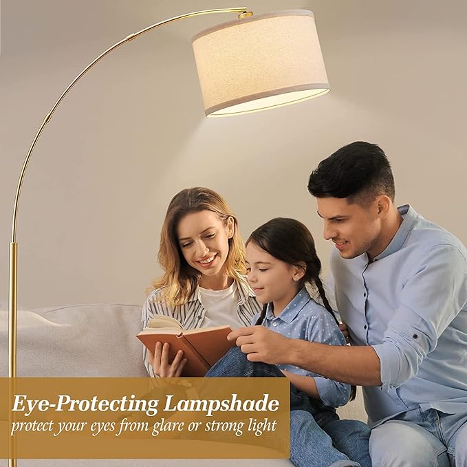 Arc Floor Lamps for Living Room, Gold Modern Floor Lamp, Tall Pole Lamp with Foot Switch, Adjustable Hanging Drum Shade, Over Couch Arched Reading Light for Bedroom, Office, LED Bulb Not Include - LeafyLoom
