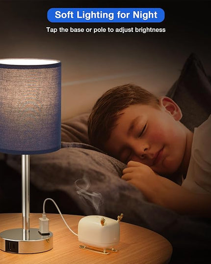 Innqoo Navy Blue Nightstand Lamps Set of 2-3 Way Dimmable Bedside Lamp with USB C and A Ports and Outlets, Modern Lamps for Bedrooms Set of 2 with Silver Base, Small Table Lamps for Boys Kids - LeafyLoom