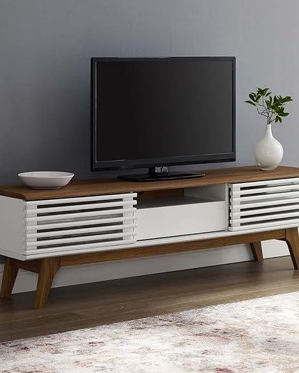 Modway Render Mid-Century Modern Low Profile 59 Inch TV Stand in Walnut/White - LeafyLoom