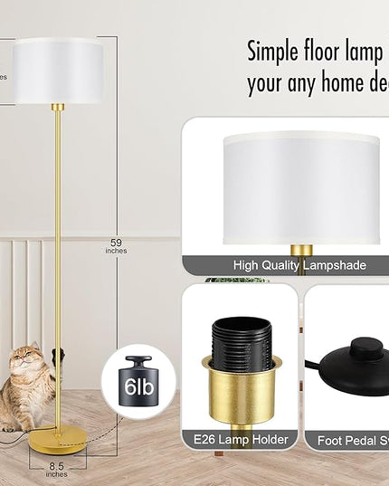 BoostArea Floor Lamp Standing Lamp Gold, 59" Tall Lamps for Living Room, Simple Pole Lamp with White Shade, On/Off Foot Pedal, Bright Dimming Lamp for Kids Room Bedroom Office Decor(9W Bulb Included) - LeafyLoom
