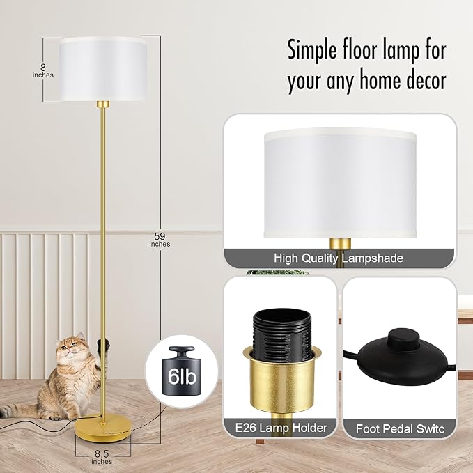 BoostArea Floor Lamp Standing Lamp Gold, 59" Tall Lamps for Living Room, Simple Pole Lamp with White Shade, On/Off Foot Pedal, Bright Dimming Lamp for Kids Room Bedroom Office Decor(9W Bulb Included) - LeafyLoom