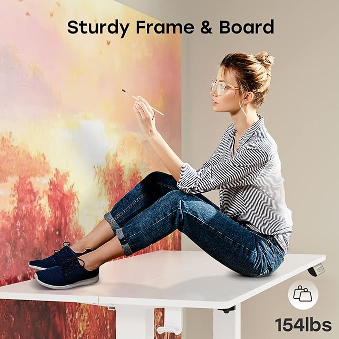White Standing Desk, 48 X 24 Inch Adjustable Height Electric Desk, Sit Stand Desk with Splice Board and 2 Hooks, Ergonomic Rising Desk for Home Office - LeafyLoom