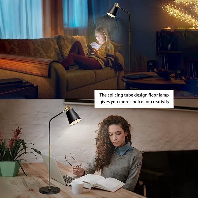 Floor Lamp, Industrial Floor Lamps for Living Rooms Rustic Farmhouse Reading Standing Floor Lamp Adjustable Metal Heads Indoor Task Lighting for Living Room Bedroom Office Home Décor (Black) - LeafyLoom