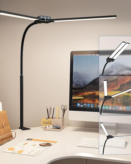 KableRika Desk lamp,Double Head LED Desk Lamp with Clamp,Architect Desk Lights for Home Office,Eye-Caring Desktop Office Lamp 4-brightness 4-Color Table Lamp for Monitor Workbench Study Reading - LeafyLoom
