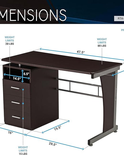 Techni Mobili Drawers Computer Desk, 48" W x 23" D x 30" H, Chocolate - LeafyLoom
