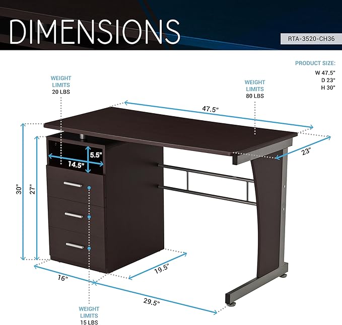Techni Mobili Drawers Computer Desk, 48" W x 23" D x 30" H, Chocolate - LeafyLoom