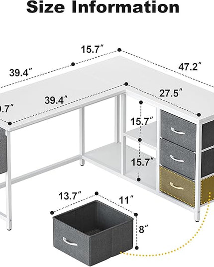Treesland L Shaped Desk with Drawers, 55 inch Computer Desk with Storage & Shelves, Corner Desk with Storage, Home Office Desks with Drawers, L Shape Desks with Storage, White - LeafyLoom