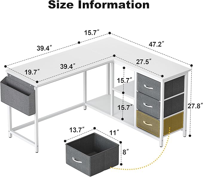 Treesland L Shaped Desk with Drawers, 55 inch Computer Desk with Storage & Shelves, Corner Desk with Storage, Home Office Desks with Drawers, L Shape Desks with Storage, White - LeafyLoom