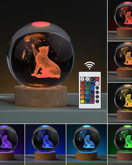 Cat Gifts for Cat Lovers for Women, Large 3D Cat Night Light, Crystal Cat Figurines Lamp 16 Color Changing with Remote Control for Bedroom Decor, Cat Play with Butterfly - LeafyLoom