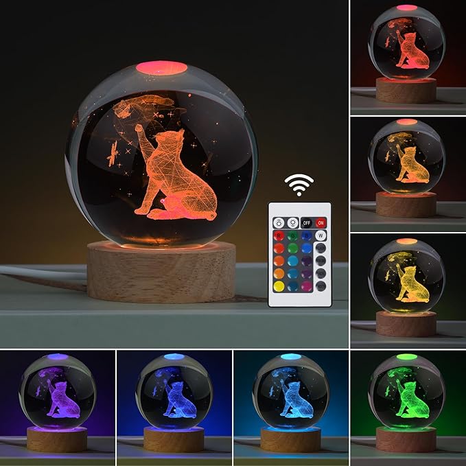 Cat Gifts for Cat Lovers for Women, Large 3D Cat Night Light, Crystal Cat Figurines Lamp 16 Color Changing with Remote Control for Bedroom Decor, Cat Play with Butterfly - LeafyLoom