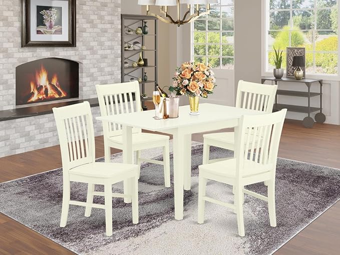 East West Furniture NDNO5-LWH-W Norden 5 Piece Dinette Set for 4 Includes a Rectangle Table with Dropleaf and 4 Dining Room Chairs, 30x48 Inch, Linen White - LeafyLoom