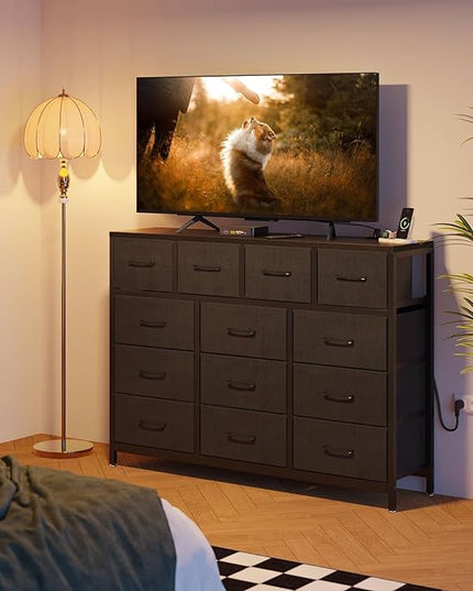 ODK Dresser with Charging Station, 57-Inch Long Dresser TV Stand for Bedroom, Large Dresser with 13 Storage Drawers, Chest of Drawers Easy-Pull Fabric Dressers for Living Room, Black - LeafyLoom