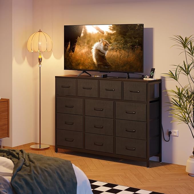 ODK Dresser with Charging Station, 57-Inch Long Dresser TV Stand for Bedroom, Large Dresser with 13 Storage Drawers, Chest of Drawers Easy-Pull Fabric Dressers for Living Room, Black - LeafyLoom