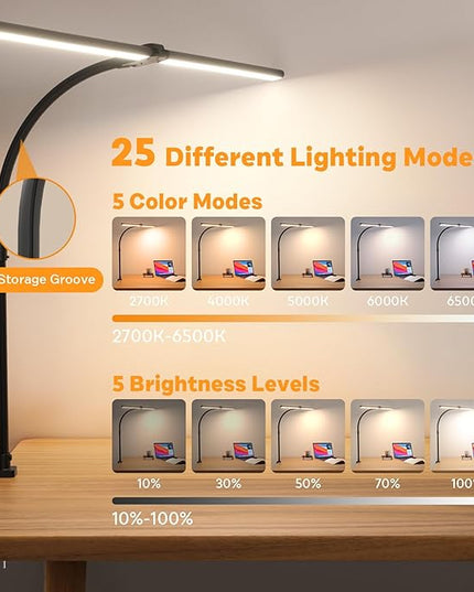 LED Desk Lamp for Home Office, Remote Control Computer Desk Light Bright Table Lamp for Study Dimmable Desk Lighting with Clamp Adjustable Gooseneck, Double Head, 24W, Black - LeafyLoom