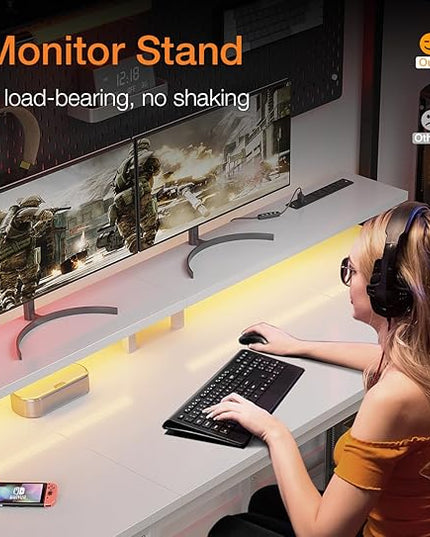 ODK 55 inch Gaming Desk with LED Lights & Power Outlets, Computer Desk with Monitor Stand & Storage Sheves, CPU Stand, Home Office Desk White - LeafyLoom