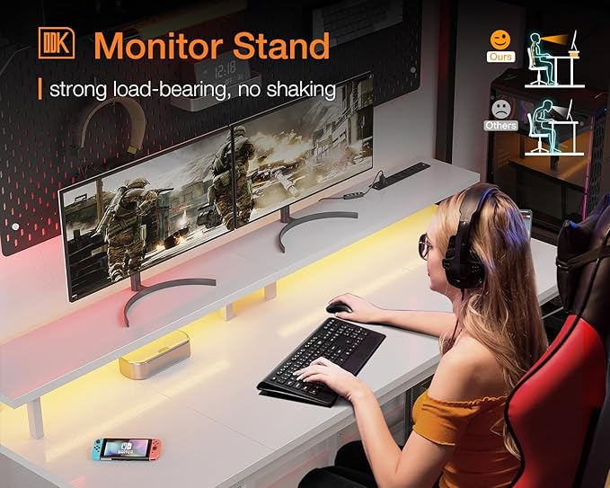 ODK 55 inch Gaming Desk with LED Lights & Power Outlets, Computer Desk with Monitor Stand & Storage Sheves, CPU Stand, Home Office Desk White - LeafyLoom