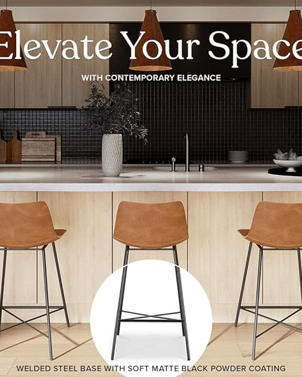 Poly and Bark Counter Stool 24 inches - Counter Height Bar Stools Set of 3 - Sturdy Kitchen Stools with Backs - Comfortable Bar Chair - Modern Countertop-High Chairs, Kitchen Island Barstools – Tan - LeafyLoom