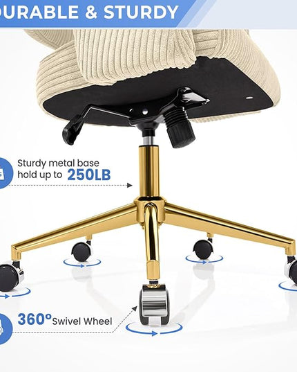 Home Office Chair, Corduroy Swivel Desk Chairs, Modern Computer Chair with Wheels and Gold Base, Comfy Arm Chair for Bedroom, Living Room, Study, Vanity Room, Light Yellow - LeafyLoom